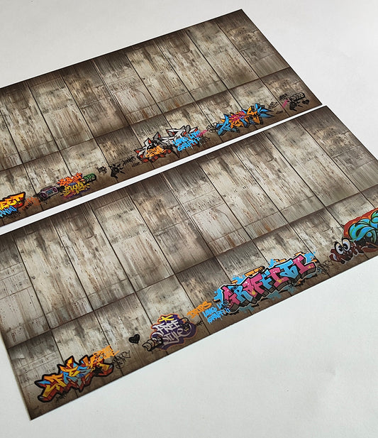 Decorative Arches Aged Concrete Wall with Graffiti Set 2 H0 Gauge 13.8cm x 29.7cm