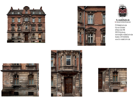 Model railway background: old building with four floors, H0 scale 1:87, available for download.
