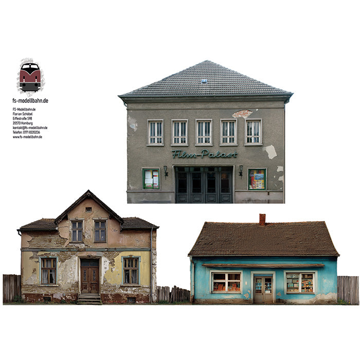 3er Set Modellbahnhintergrund DDR Gebäude zur Wendezeit Kleinstadt Dorf für Spur H0 1zu87 | KM00000027