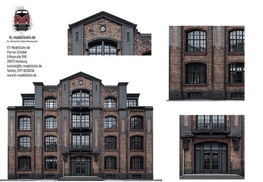 Model railway background for Lofts converted industrial building, HO scale 1:87, available for download.