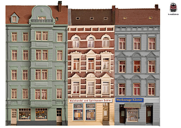 Model railway background 60s 3 apartment buildings as a set for gauge H0 1:87