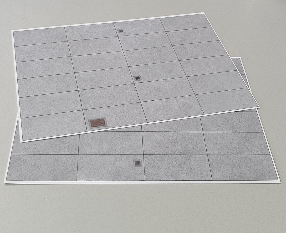 2er Set Dekorbögen Betonplattenboden für Kasernen und Gewerbe in Spur H0
