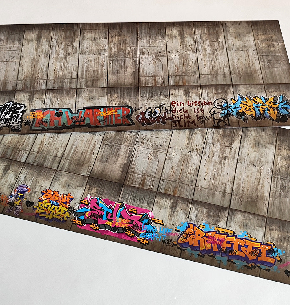 Dekorbögen gealterte Betonwand mit Graffiti Set 2 Spur H0 13,8cm x 29,7cm | DB00000058