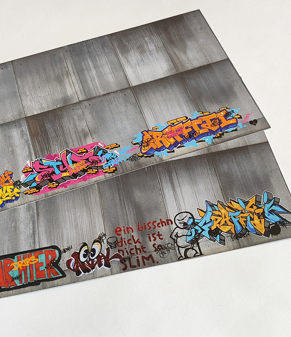Dekorbögen moderne Betonwand mit Graffiti Set 2 Spur H0 13,8cm x 29,7cm | DB00000053