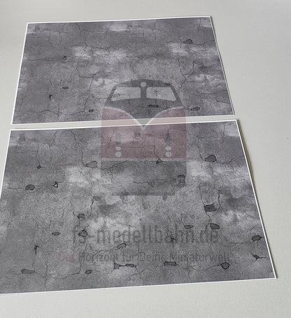 2er Set Dekorbögen dunkler Asphalt mit Rissen und Flickstellen in Spur H0