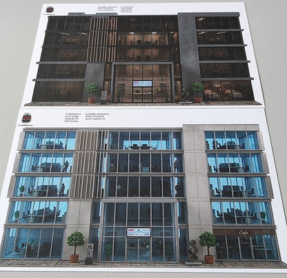 Model Railway Backdrop 2-piece set Modern Office Buildings with Tinted Glass Facades for City H0 Scale 1:87