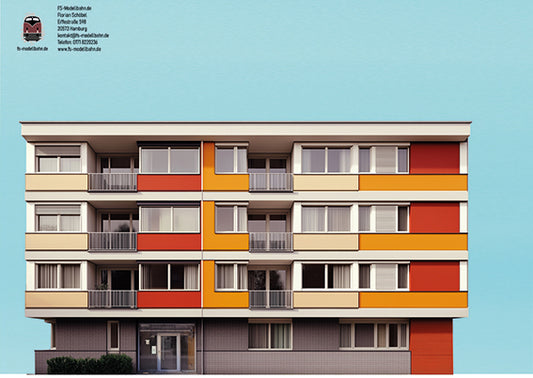 Model railway background 60s 3 apartment buildings as a set for gauge H0 1:87