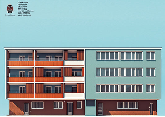 Model railway background 60s 3 apartment buildings as a set for gauge H0 1:87