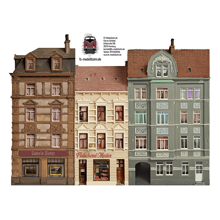 Model railway background 60s 3 apartment buildings as a set for gauge H0 1:87