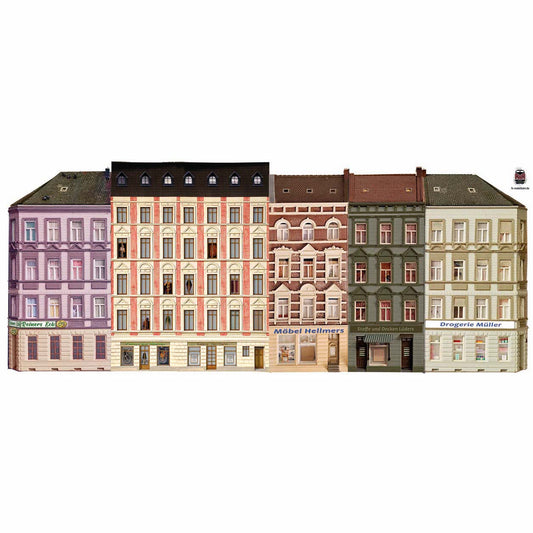 Model railway background 60s 3 apartment buildings as a set for gauge H0 1:87