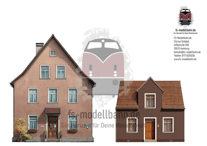 Modellbahnhintergrund zwei braune Häuser auf dem Land Spur H0 1zu87 zum Download