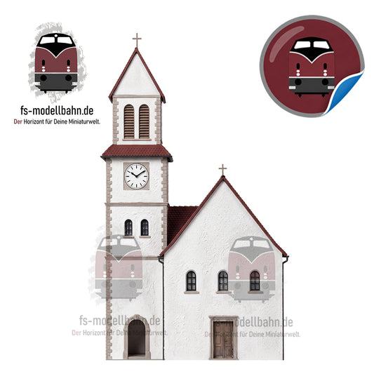 Modellbahnhintergrund Fassadenfront kleine Kirche mit weißem Putz Aufkleber Spur H0 1zu87