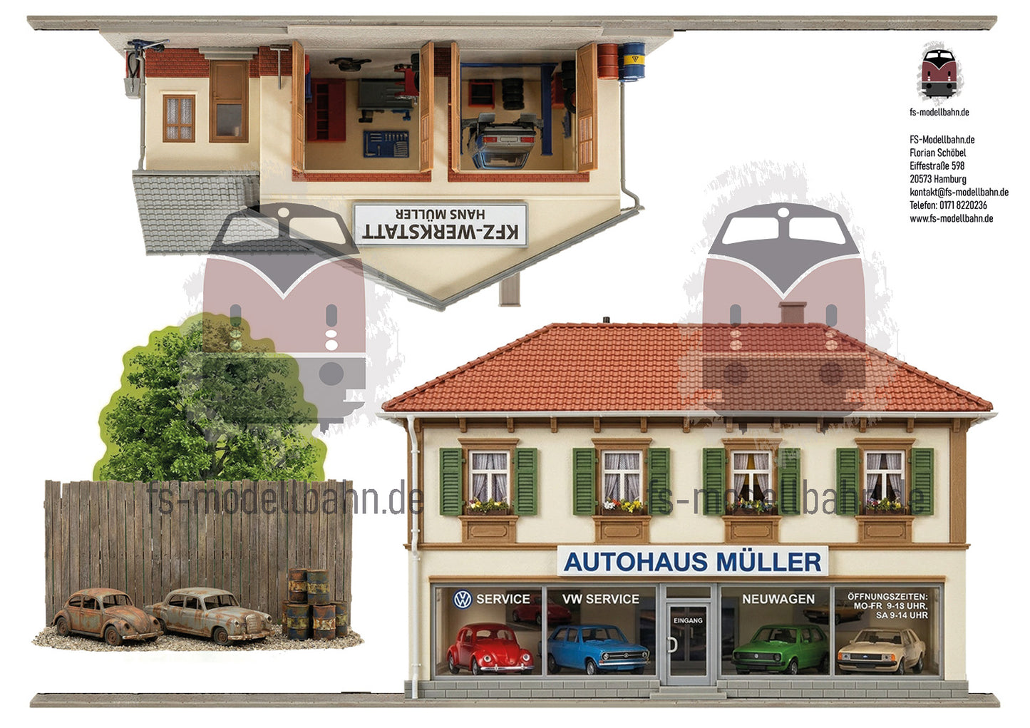 Modellbahnhintergrund 4er Set Bauernhofund ländlicher Einzelhandel mit einem Autohaus Spur H0 1zu87 KM00000078