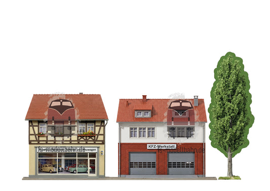 Modellbahnhintergrund Autohaus und Werkstatt Spur H0 inkl. Baum Spur H0 1zu87 KM00000090