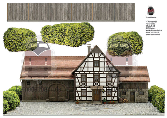 Modellbahnhintergrund Bauernhof gealtert mit Fachwerk H0 mit Büschen und Bretterzaun zum Verbinden mit anderen Modulen Spur H0 1zu87