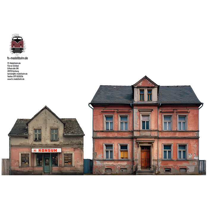3er Set Modellbahnhintergrund DDR Gebäude zur Wendezeit Kleinstadt Dorf für Spur H0 1zu87  | KM00000027