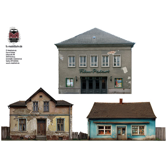 Modellbahnhintergrund DDR Gebäude zur Wendezeit mit Kino Kleinstadt für Spur H0 1zu87 | KM00000032