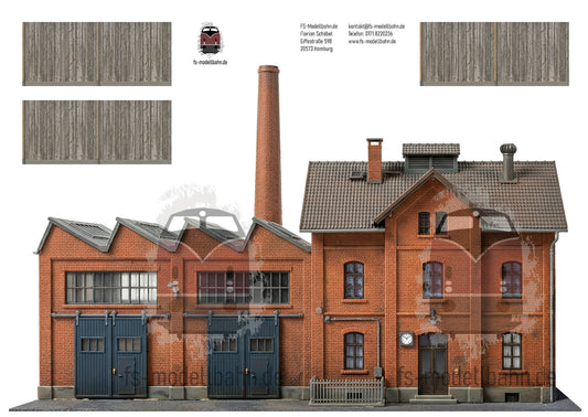 Modellbahnhintergrund Fabrik mit Schornstein und großen Rolltoren Spur H0 1zu87 KM00000093