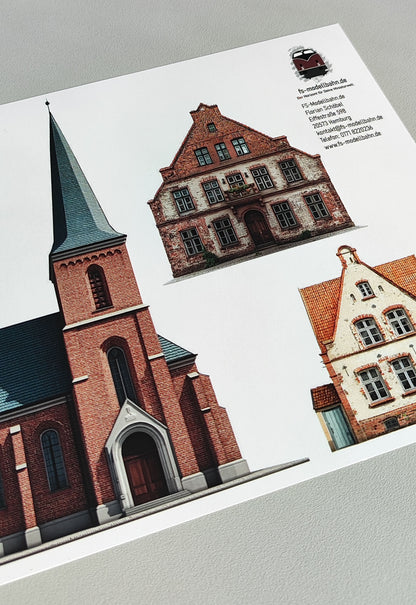 Modellbahnhintergrund in Spur N in 1 zu 160 Dorf mit Kirche und zwei Häusern in Norddeutschland