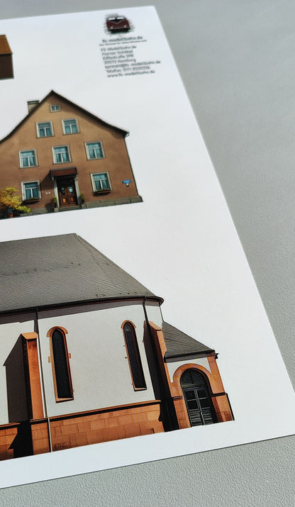 Modellbahnhintergrund in Spur N in 1 zu 160 Dorf mit Kirche und zwei Häusern