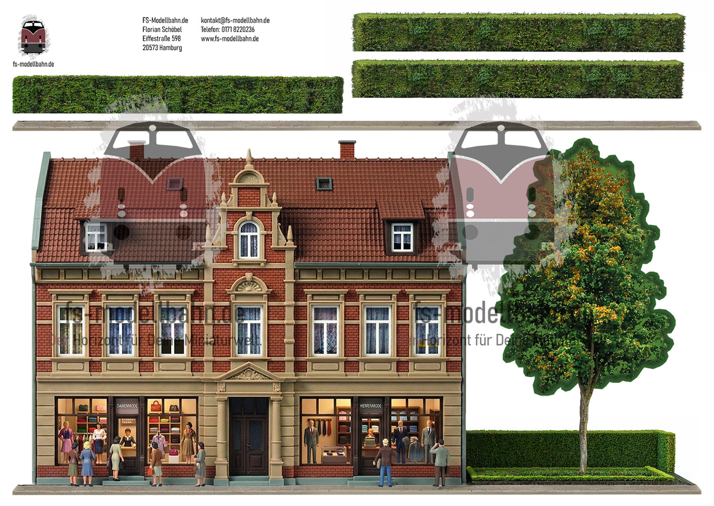 Modellbahnhintergrund Modegeschäft in zweigeschossigem Gründerzeitbau mit kleinem Park 1zu87 H0 1zu87 KM00000084