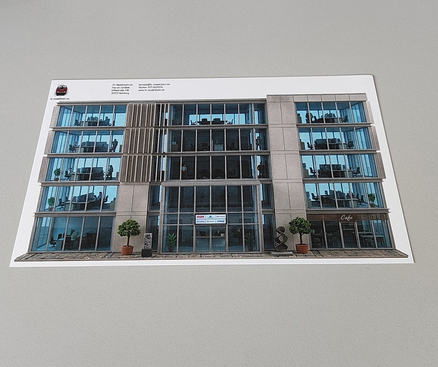 Model railway backdrop modern office building with 5 storeys in steel construction with a lot of blue tinted glass gauge H0 1to87 KM00000097
