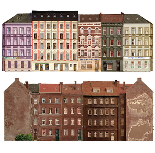 Model railway background 60s 3 apartment buildings as a set for gauge H0 1:87