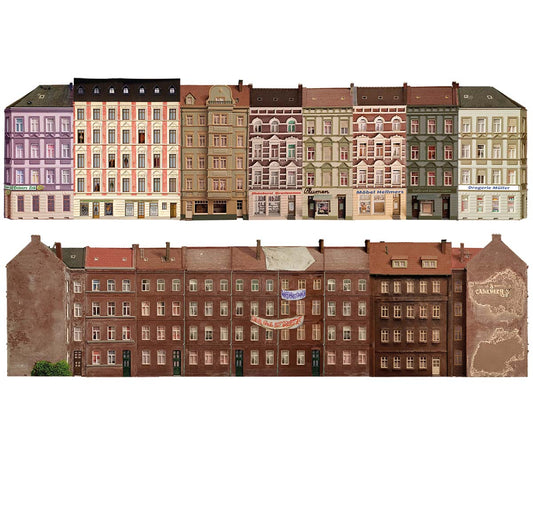 Model railway background 60s 3 apartment buildings as a set for gauge H0 1:87