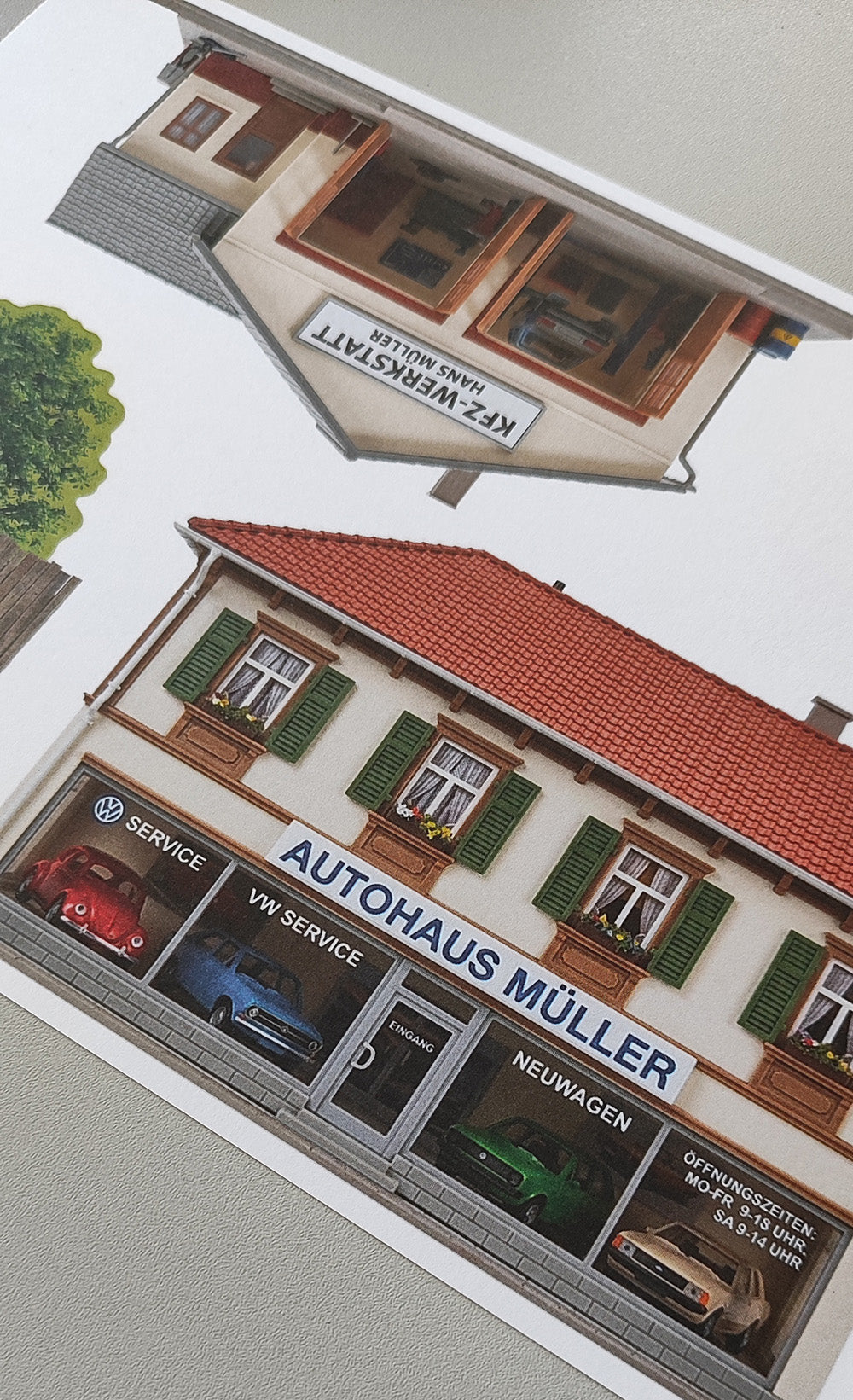 Model Railway Backdrop Car Dealership Müller with Workshop H0 Gauge incl. Scrap Yard with Wooden Fence and Tree H0 Gauge 1:87 KM00000091