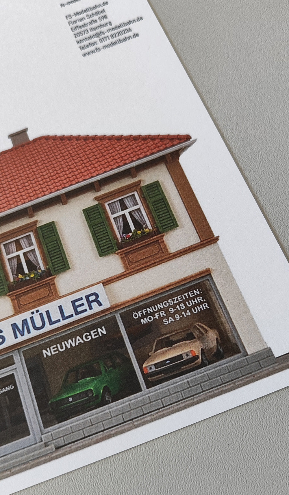 Model Railway Backdrop Car Dealership Müller with Workshop H0 Gauge incl. Scrap Yard with Wooden Fence and Tree H0 Gauge 1:87 KM00000091