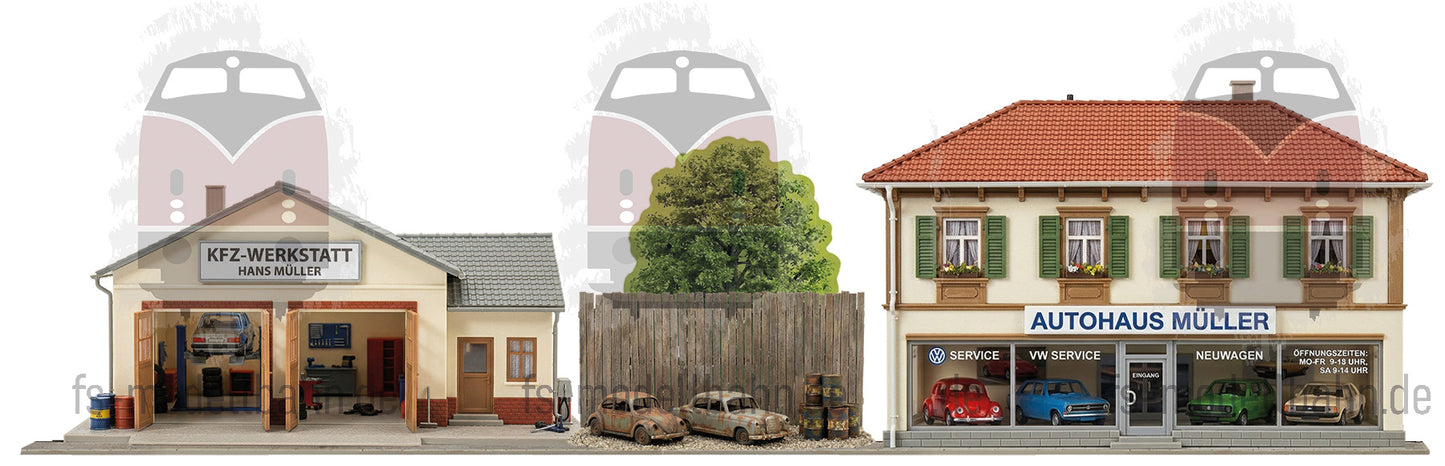 Modellbahnhintergrund 4er Set Bauernhofund ländlicher Einzelhandel mit einem Autohaus Spur H0 1zu87 KM00000078
