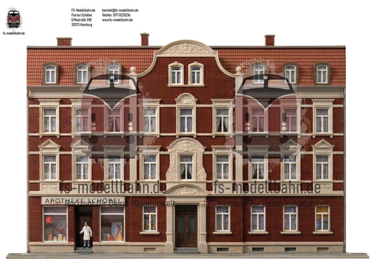 Modellbahnhintergrund Gründerzeit Mehrfamilienhaus mit Ziegelfassade und Stuckornamenten Spur H0 1zu87 KM00000099