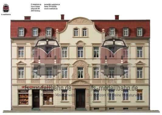 Modellbahnhintergrund Gründerzeit Mehrfamilienhaus mit Putzfassade und Konditorei Spur H0 1zu87 KM00000098