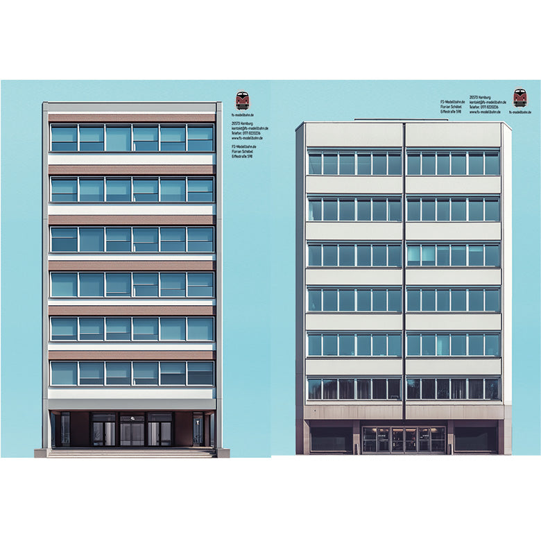 Model railway background 60s 3 apartment buildings as a set for gauge H0 1:87