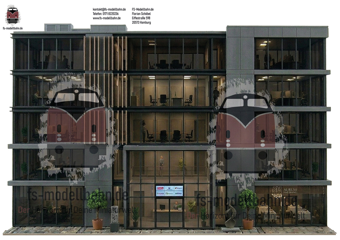 Modellbahnhintergrund 4er Set moderne Bürogebäude und Gründerzeit Mehrfamilienhäuser Spur H0 1zu87 KM00000075