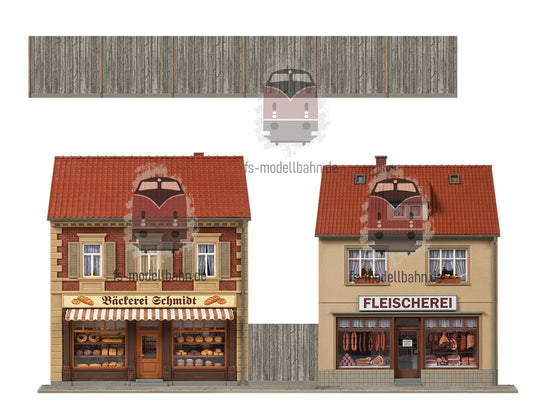 Modellbahnhintergrund zweigeschossige Fassaden mit Bäckerei Schmidt und Fleischerei mit Bretterzaun Spur H0 1zu87 KM00000088
