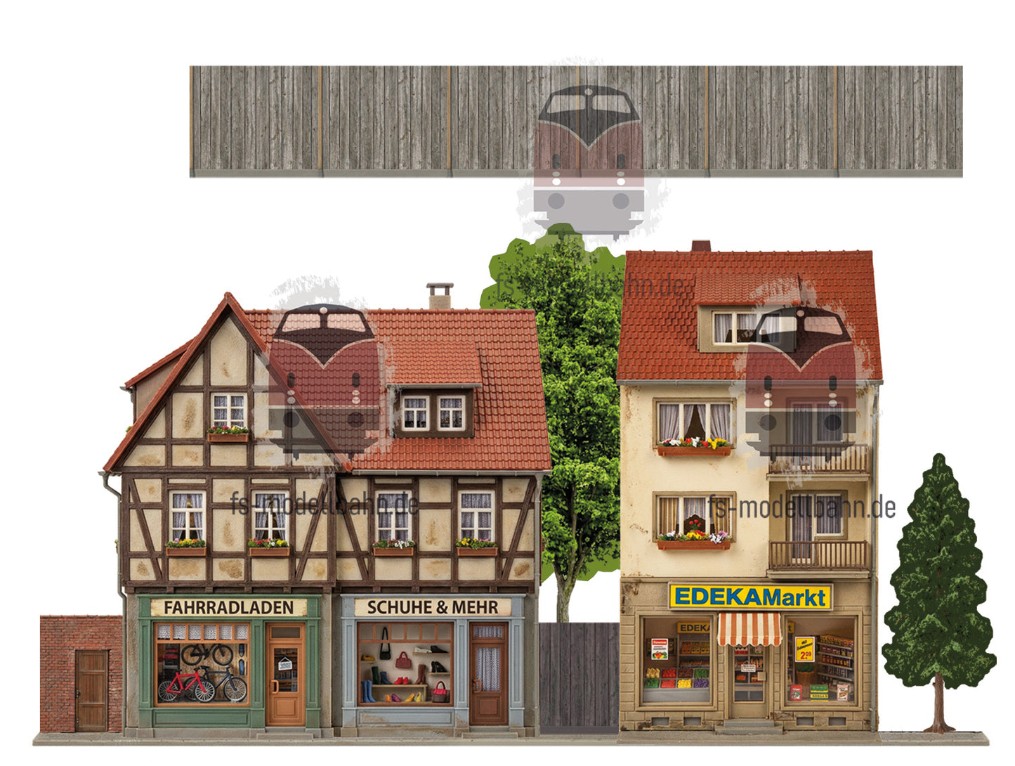 Modellbahnhintergrund 4er Set Fachwerkbauernhof und ländlicher Einzelhandel Spur H0 1zu87 KM00000079