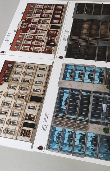 Modellbahnhintergrund 4er Set moderne Bürogebäude und Gründerzeit Mehrfamilienhäuser Spur H0 1zu87