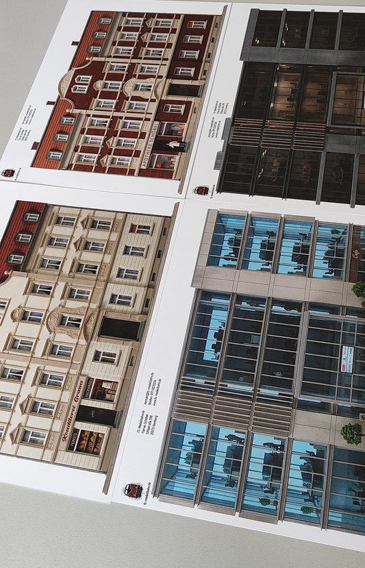 Modellbahnhintergrund 4er Set moderne Bürogebäude und Gründerzeit Mehrfamilienhäuser Spur H0 1zu87