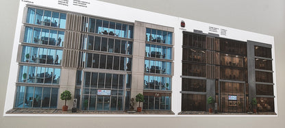 Model Railway Backdrop 2-piece set Modern Office Buildings with Tinted Glass Facades for City H0 Scale 1:87