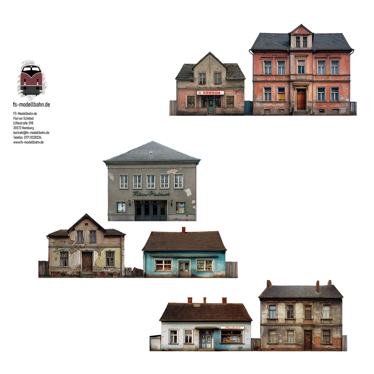 3er Set Modellbahnhintergrund DDR Gebäude zur Wendezeit Kleinstadt Dorf für Spur H0 1zu87  | KM00000027
