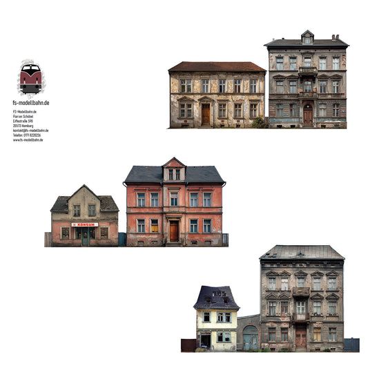 3er Set Modellbahnhintergrund DDR Gebäude zur Wendezeit Kleinstadt Stadt für Spur H0 1zu87  | KM00000026
