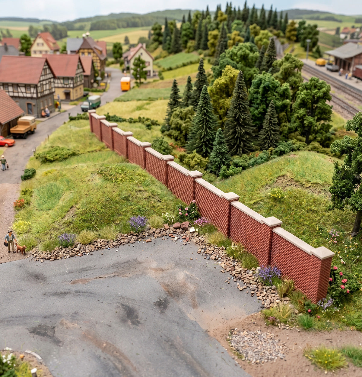 Brick walls with cement coping for commercial or residential buildings, 10 modules + corner piers, H0 gauge